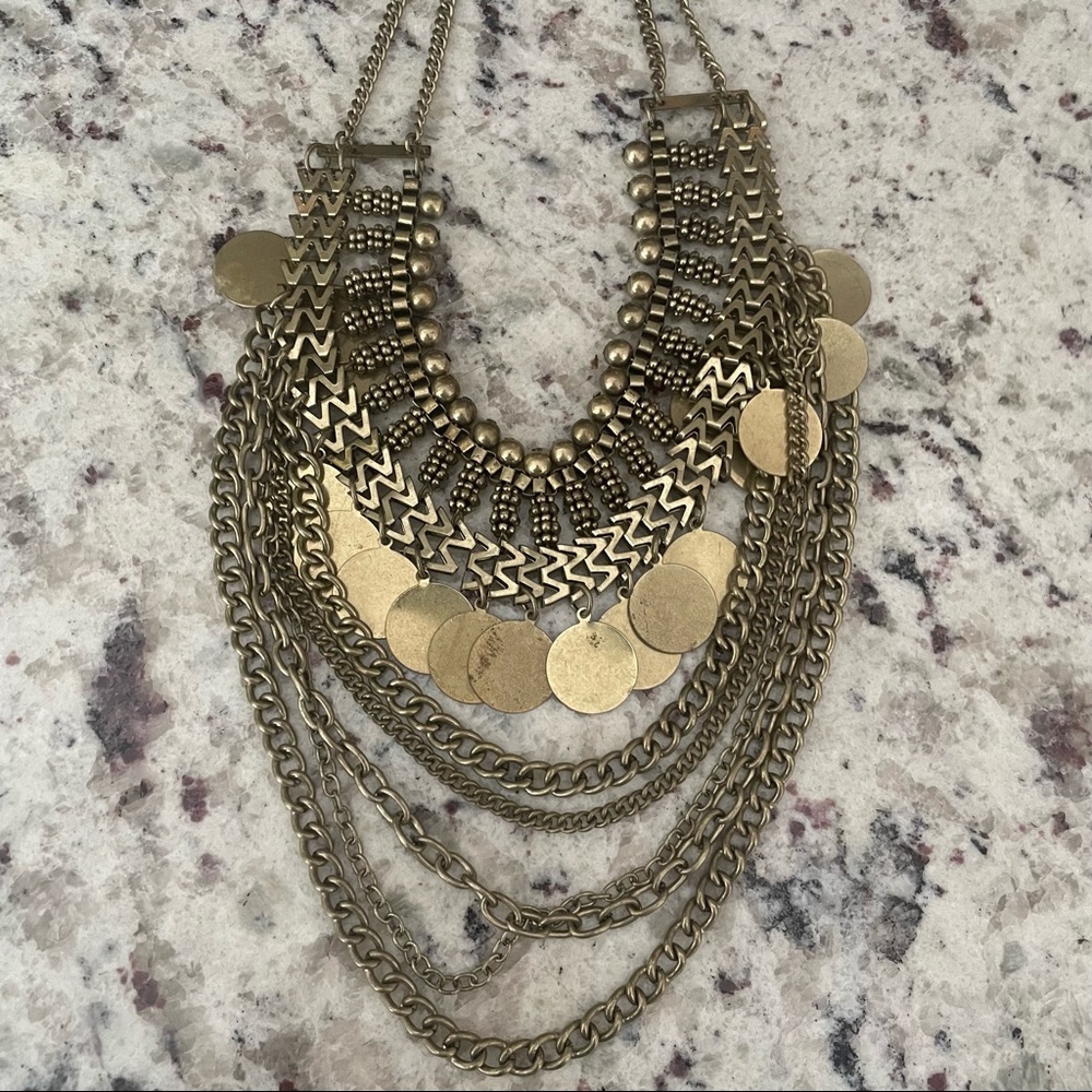 Forever 21 Brass Tone Metal Chain Disc Multi Layer Tiered Collar Choker Necklace - Picture 4 of 4